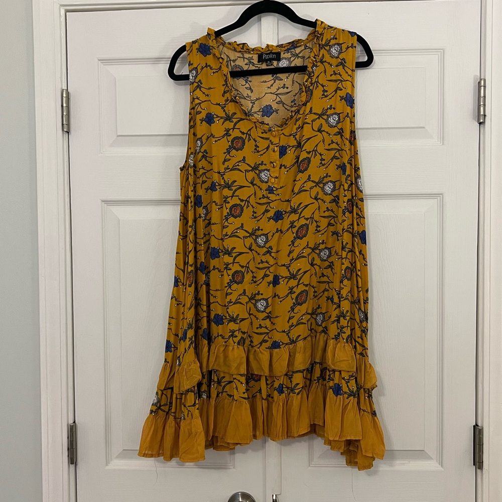 Mustard Floral Ruffle Hem Sleeveless Mini Dress